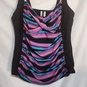 NEW Penningtons Addition Elle Black Multi Pink & Blue Ruched Tankini Top Size 2X